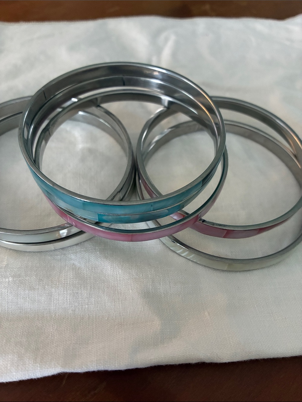 Silver Tone Stackable Bangles with Blue and Pink Enamel Accents